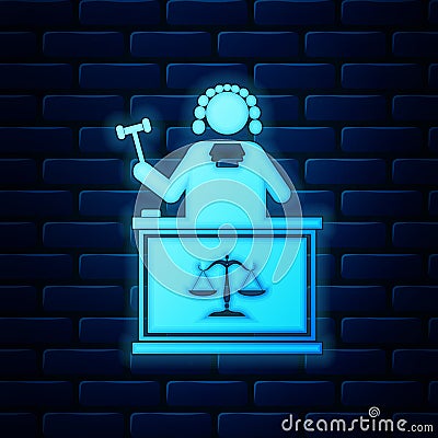 Glowing neon Judge with gavel on table icon isolated on brick wall background Vector Illustration