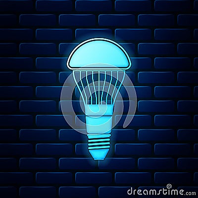 Glowing neon LED light bulb icon isolated on brick wall background. Economical LED illuminated lightbulb. Save energy Vector Illustration