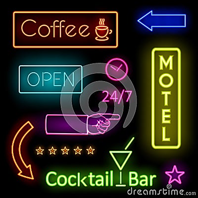 Glowing Neon Lights for Cafe and Motel Signs Vector Illustration