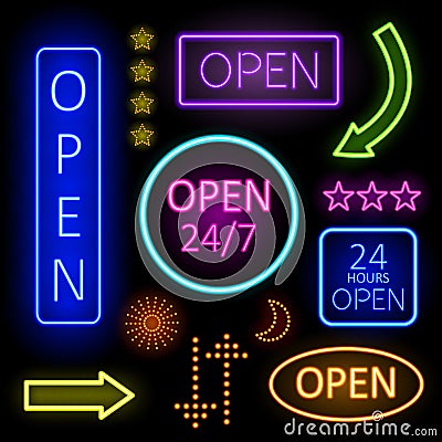 Glowing Neon Lights for Open Signs Vector Illustration