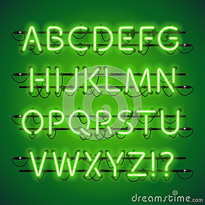 Glowing Neon Lime Green Alphabet Vector Illustration