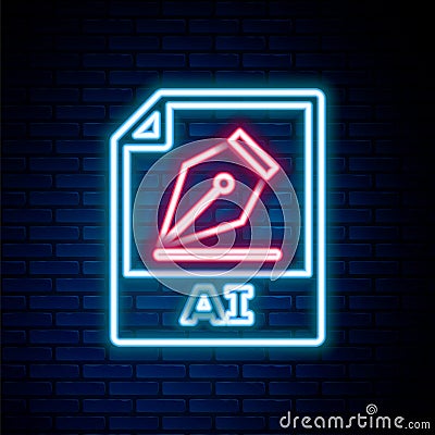 Glowing neon line AI file document. Download ai button icon isolated on brick wall background. AI file symbol. Colorful Vector Illustration