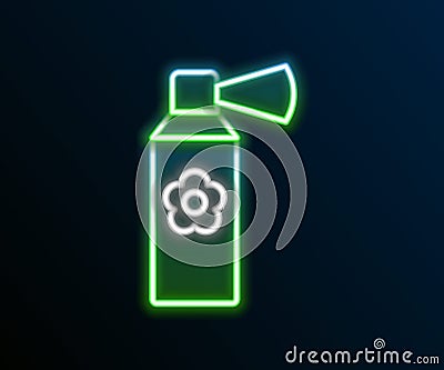 Glowing neon line Air freshener spray bottle icon isolated on black background. Air freshener aerosol bottle. Colorful Stock Photo