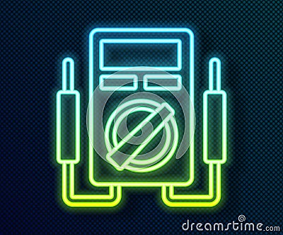 Glowing neon line Ampere meter, multimeter, voltmeter icon isolated on black background. Instruments for measurement of Stock Photo