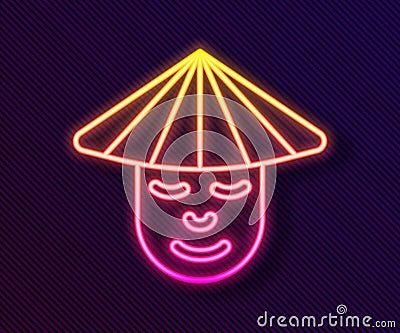 Glowing neon line Asian or Chinese conical straw hat icon isolated on black background. Chinese man. Vector Stock Photo