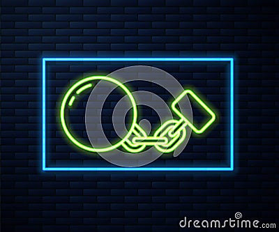 Glowing neon line Ball on chain icon isolated on brick wall background. Vector Stock Photo