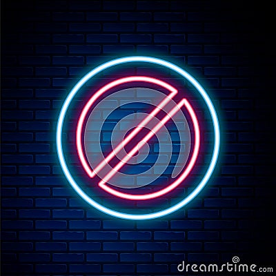 Glowing neon line Ban icon isolated on brick wall background. Stop symbol. Colorful outline concept. Vector Vector Illustration