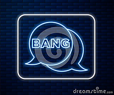 Glowing neon line Bang boom, gun Comic text speech bubble balloon icon isolated on brick wall background. Vector Vector Illustration