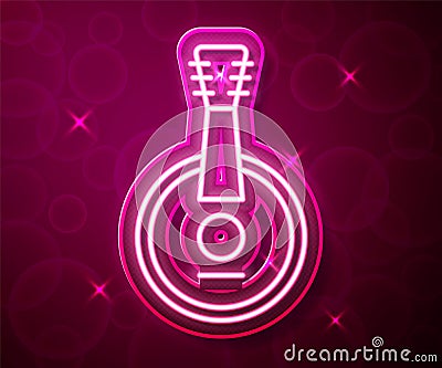 Glowing neon line Banjo icon isolated on red background. Musical instrument. Vector Vector Illustration