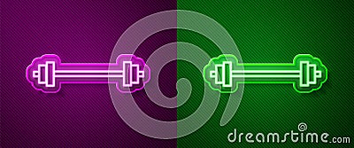 Glowing neon line Barbell icon isolated on purple and green background. Muscle lifting icon, fitness barbell, gym Vector Illustration
