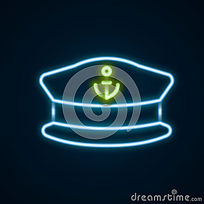 Glowing neon line Captain hat icon isolated on black background. Colorful outline concept. Vector Stock Photo