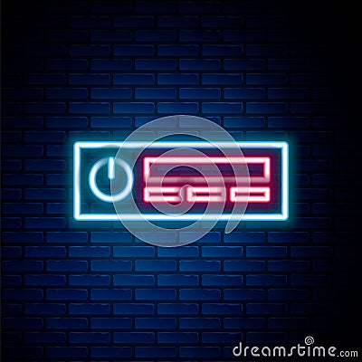 Glowing neon line Car Audio icon isolated on brick wall background. Fm radio car audio icon. Colorful outline concept Vector Illustration
