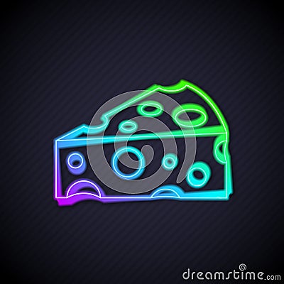 Glowing neon line Cheese icon isolated on black background. Vector Stock Photo