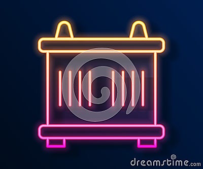 Glowing neon line Container icon isolated on black background. Crane lifts a container with cargo. Vector Vector Illustration