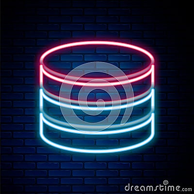 Glowing neon line Database icon isolated on brick wall background. Network databases, disc with progress bar. Backup Vector Illustration