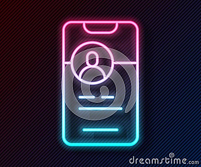 Glowing neon line Dating app online mobile concept icon isolated on black background. Female male profile flat design Vector Illustration