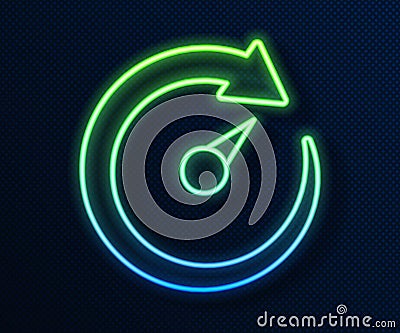 Glowing neon line Digital speed meter icon isolated on blue background. Global network high speed connection data rate Vector Illustration