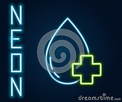 Glowing neon line Donate drop blood with cross icon isolated on black background. Colorful outline concept. Vector Vector Illustration