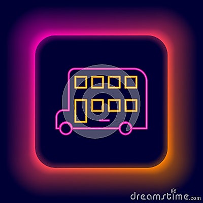 Glowing neon line Double decker bus icon isolated on black background. London classic passenger bus. Public Vector Illustration