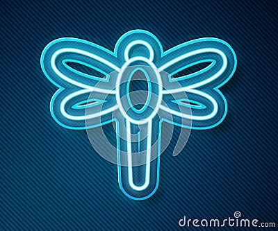 Glowing neon line Dragonfly icon isolated on blue background. Vector Stock Photo
