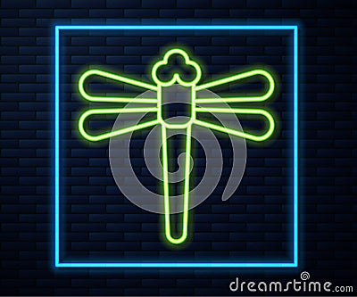 Glowing neon line Dragonfly icon isolated on brick wall background. Vector Vector Illustration