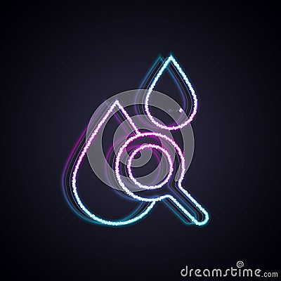 Glowing neon line Drop and magnifying glass icon isolated on black background. Vector Vector Illustration