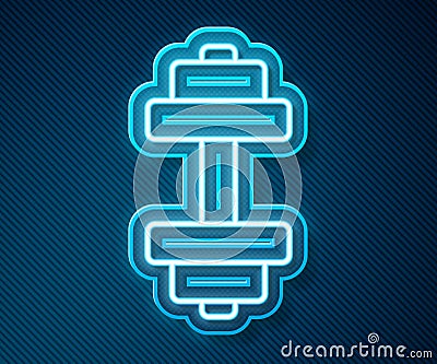 Glowing neon line Dumbbell icon isolated on blue background. Muscle lifting, fitness barbell, sports equipment. Vector Vector Illustration