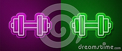 Glowing neon line Dumbbell icon isolated on purple and green background. Muscle lifting icon, fitness barbell, gym Vector Illustration