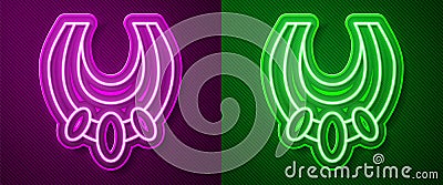 Glowing neon line Egyptian necklace icon isolated on purple and green background. Vector Vector Illustration