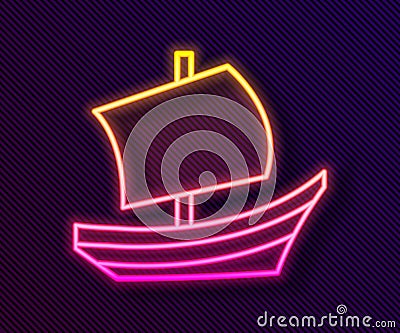 Glowing neon line Egyptian ship icon isolated on black background. Egyptian papyrus boat. Vector Vector Illustration