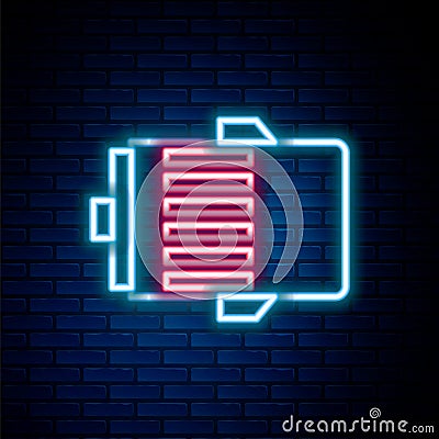 Glowing neon line Electric engine icon isolated on brick wall background. Car alternator. Colorful outline concept Vector Illustration