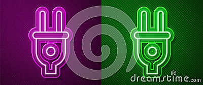 Glowing neon line Electric plug icon isolated on purple and green background. Concept of connection and disconnection of Stock Photo