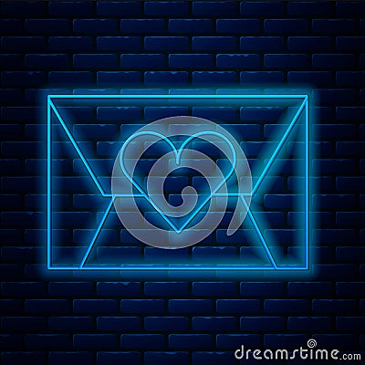 Glowing neon line Envelope with Valentine heart icon isolated on brick wall background. Message love. Letter love and Vector Illustration