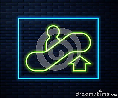 Glowing neon line Escalator up icon isolated on brick wall background. Vector Vector Illustration