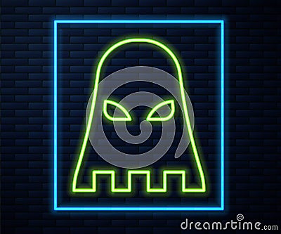 Glowing neon line Executioner mask icon isolated on brick wall background. Hangman, torturer, executor, tormentor Vector Illustration