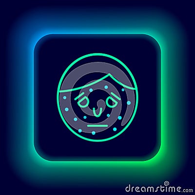 Glowing neon line Face with psoriasis or eczema icon isolated on black background. Concept of human skin response to Vector Illustration