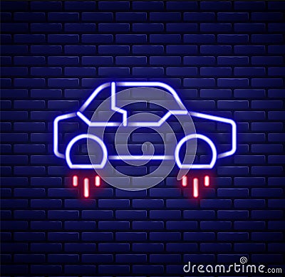Glowing neon line Fantastic flying car icon isolated on brick wall background. Hover car future technology future Vector Illustration
