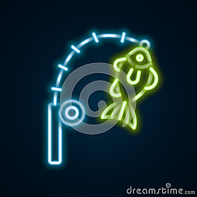 Glowing neon line Fishing rod and fish icon isolated on black background. Fishing equipment and fish farming topics Vector Illustration