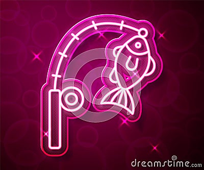 Glowing neon line Fishing rod and fish icon isolated on red background. Fishing equipment and fish farming topics Vector Illustration