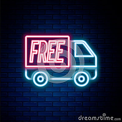 Glowing neon line Free delivery service icon isolated on brick wall background. Free shipping. 24 hour and fast delivery Vector Illustration