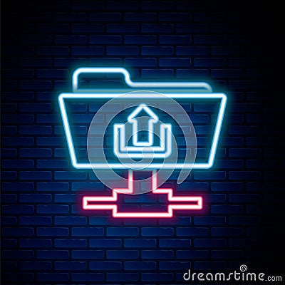 Glowing neon line FTP folder upload icon isolated on brick wall background. Software update, transfer protocol, router Vector Illustration