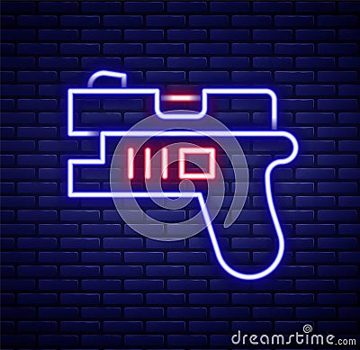 Glowing neon line Futuristic space gun blaster icon isolated on brick wall background. Laser Handgun. Alien Weapon Vector Illustration