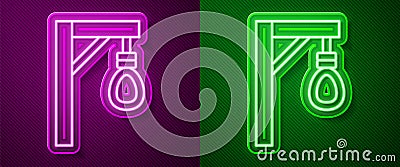 Glowing neon line Gallows rope loop hanging icon isolated on purple and green background. Rope tied into noose. Suicide Vector Illustration