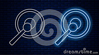 Glowing neon line Gong musical percussion instrument circular metal disc and hammer icon isolated on brick wall Vector Illustration