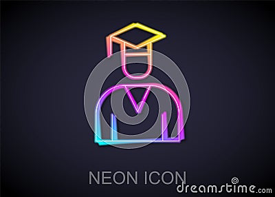 Glowing neon line Graduate and graduation cap icon isolated on black background. Vector Stock Photo