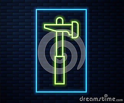 Glowing neon line Hammer icon isolated on brick wall background. Tool for repair. Vector Vector Illustration