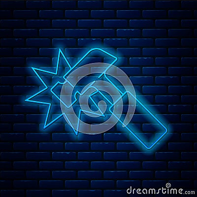 Glowing neon line Hammer icon isolated on brick wall background. Tool for repair. Vector Stock Photo