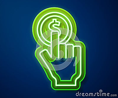 Glowing neon line Hand holding coin icon isolated on blue background. Dollar or USD symbol. Cash Banking currency sign Vector Illustration