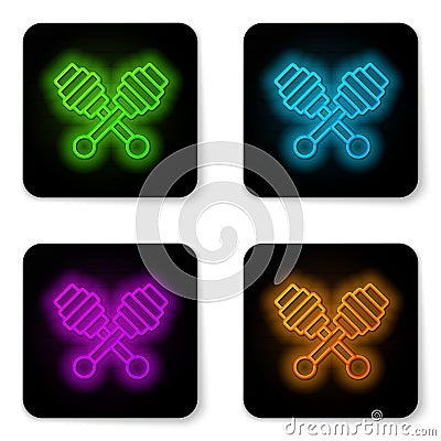 Glowing neon line Honey dipper stick icon isolated on white background. Honey ladle. Black square button. Vector Vector Illustration