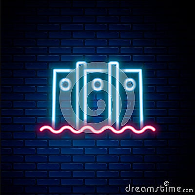 Glowing neon line Hydroelectric dam icon isolated on brick wall background. Water energy plant. Hydropower Vector Illustration